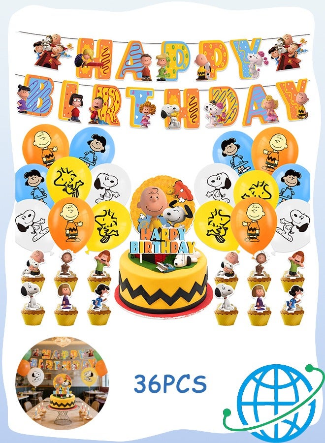 36 Pcs Cartoon Anime Snoopy Birthday Decorations Set Party Supplies Set Include Banner, Balloons, Hanging Swirls, Cake Cupcake Toppers, for Boys Girls Spidey Theme Party - Image 1